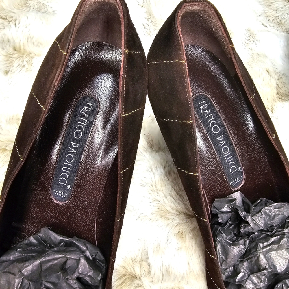 Franco Paolucci pointed‎ toe suede brown/ gold accents, square heel Sz 39 - Picture 4 of 13